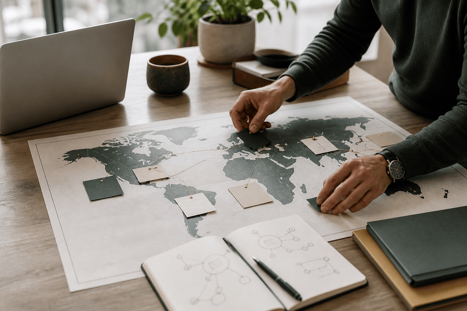 Founder planning a global angel investor network on a world map