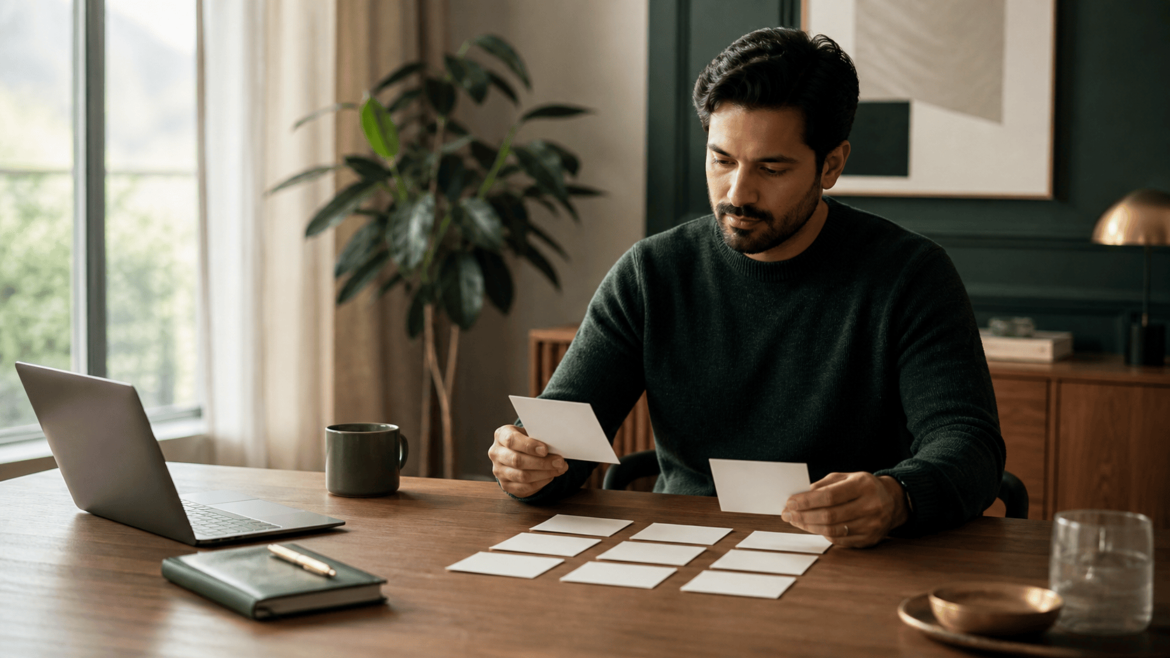 Founder comparing potential investor profiles at a desk