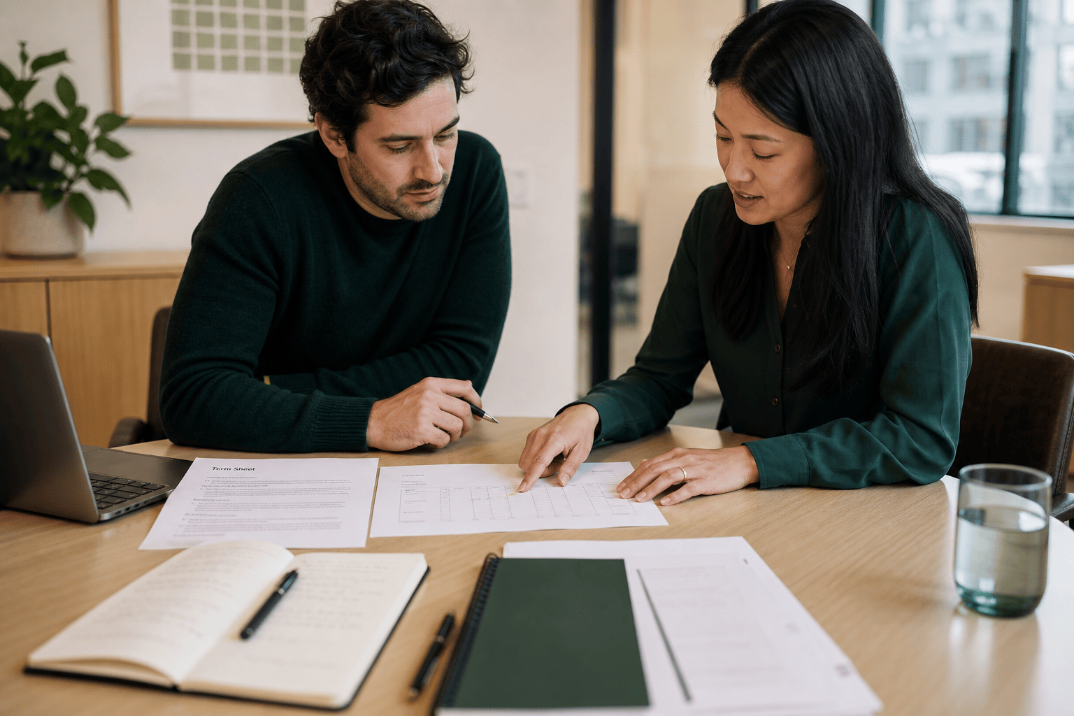 Founder and adviser reviewing a term sheet and ownership worksheet together