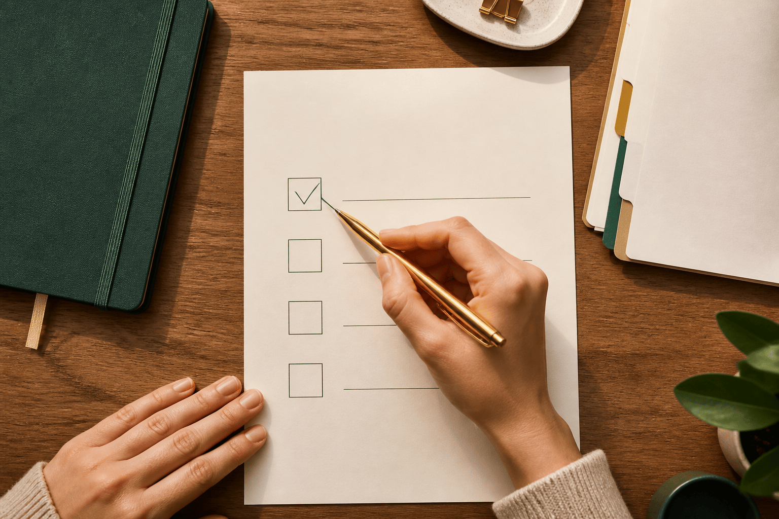 Founder marking a business funding brief checklist on a desk