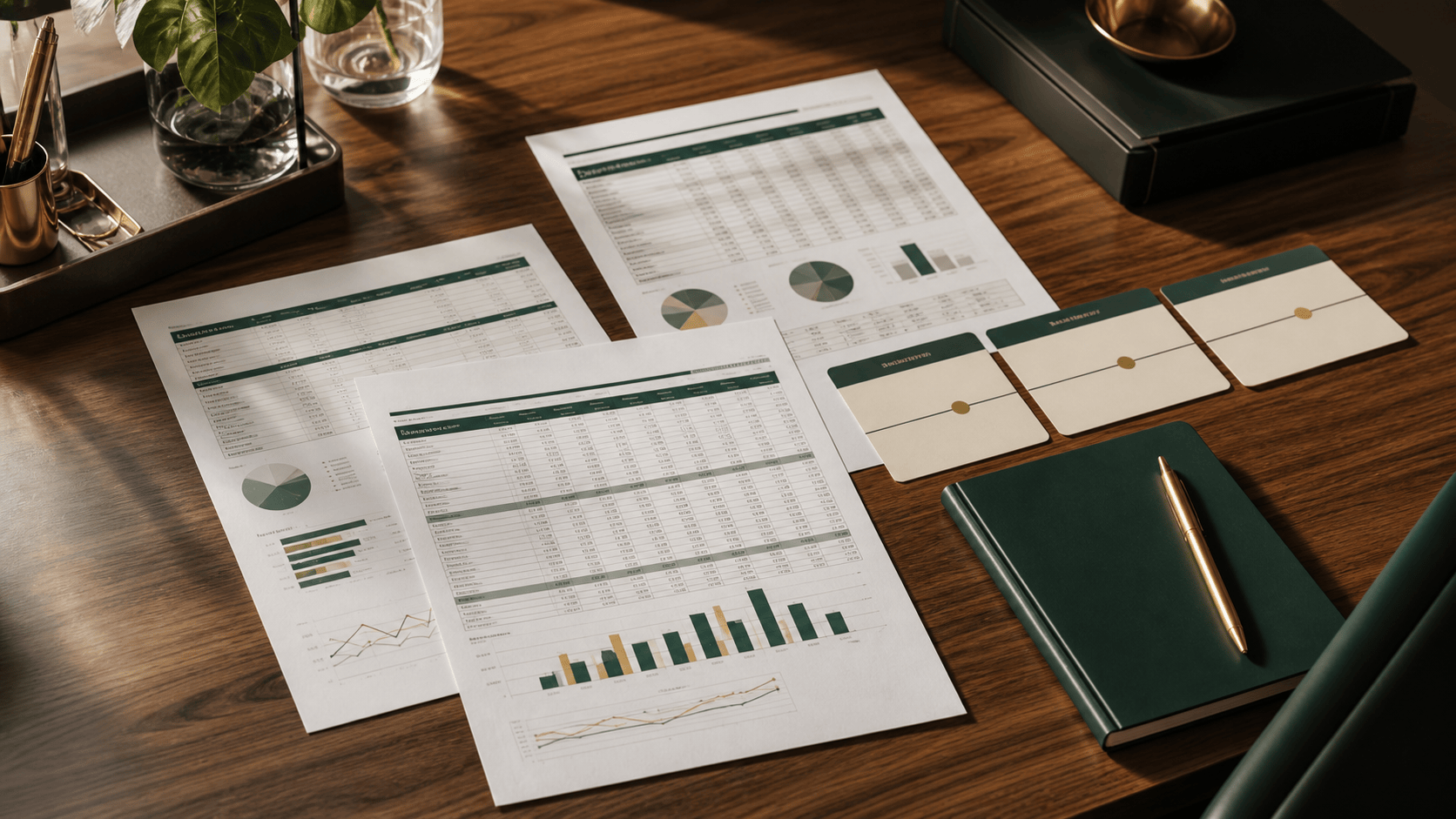Capital raising preparation desk with financial plans, milestone cards and a green notebook