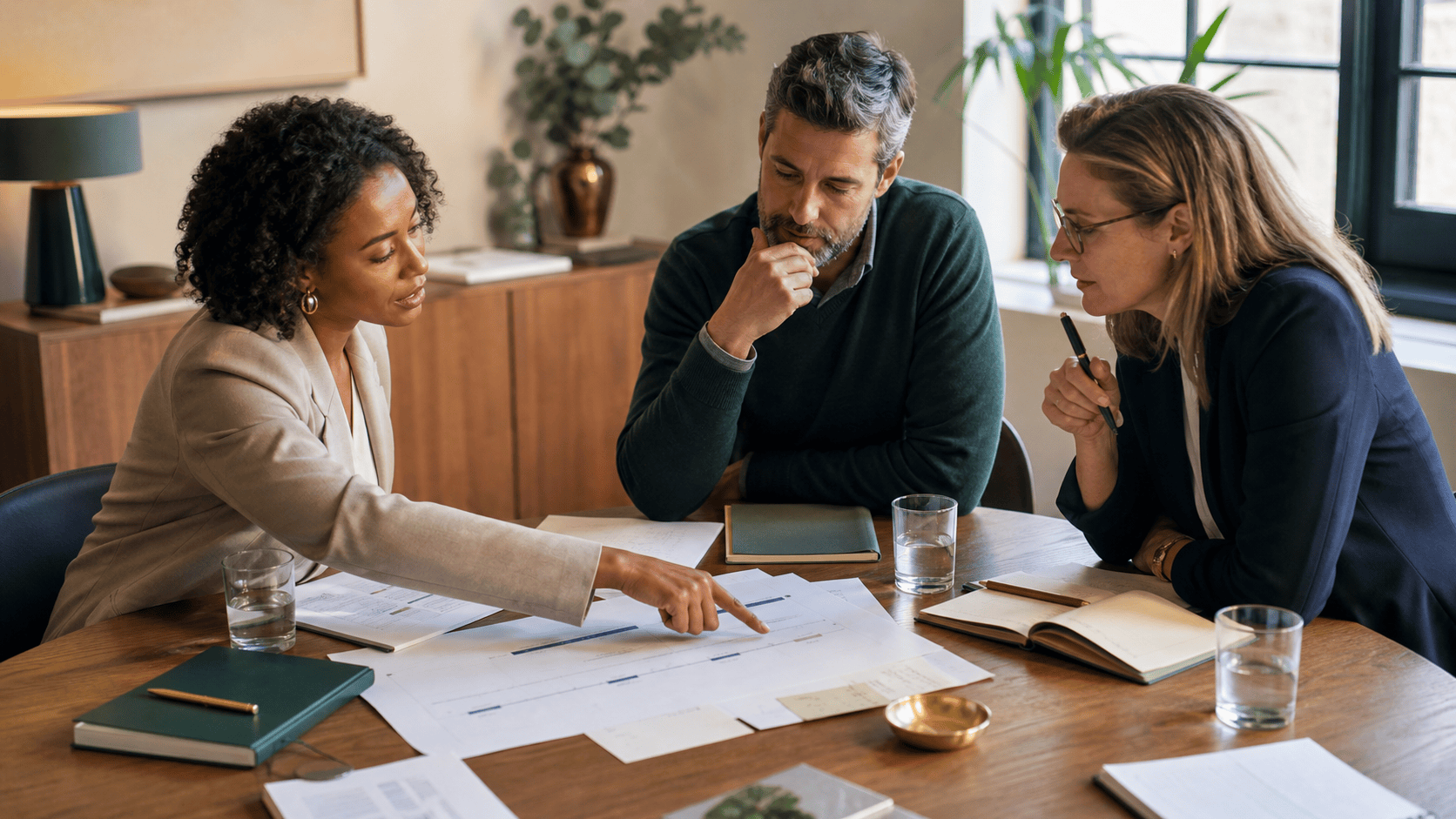 Founder and two advisers reviewing a capital plan around a table
