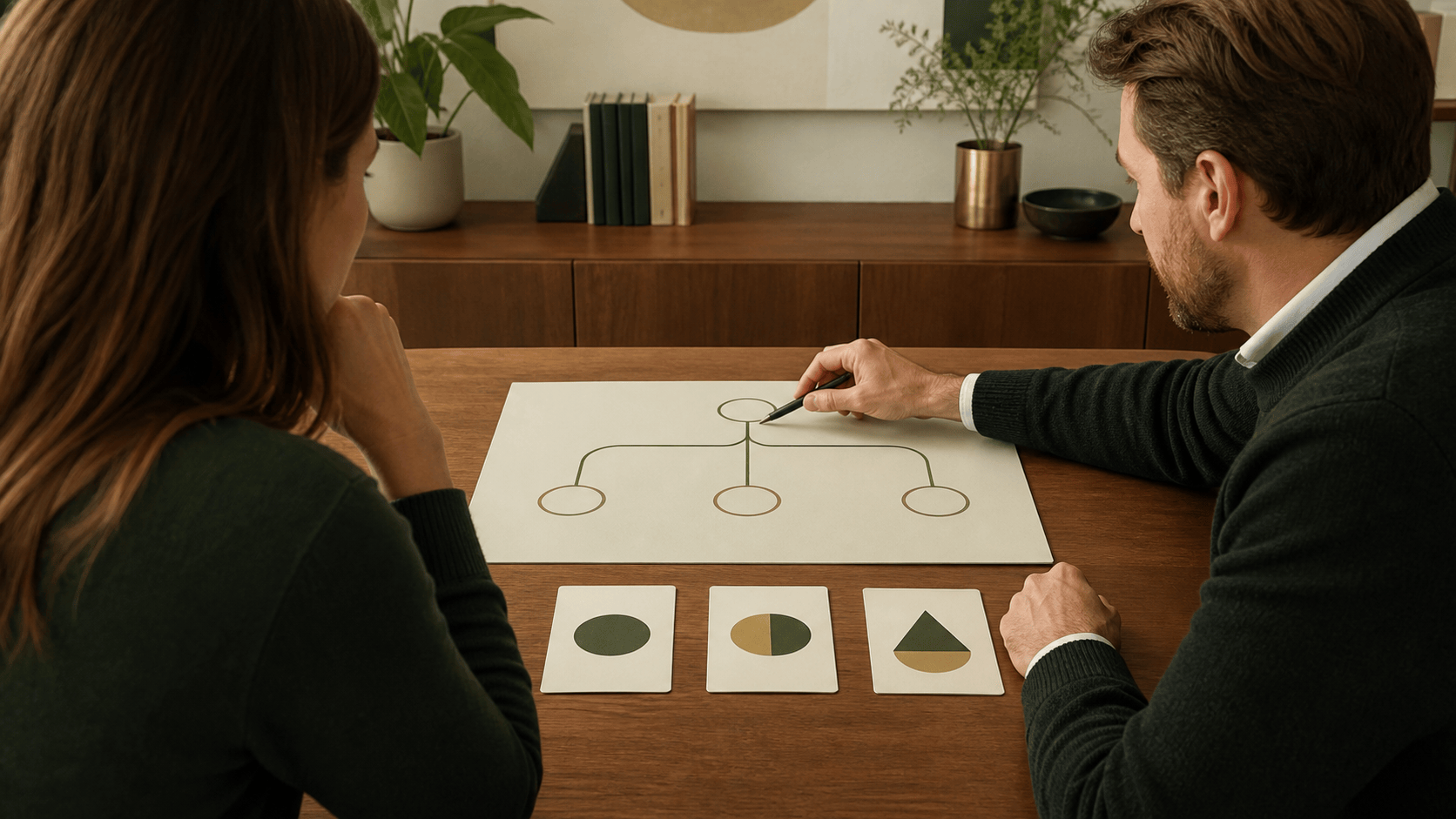 Founder and adviser comparing financing choices on a decision board