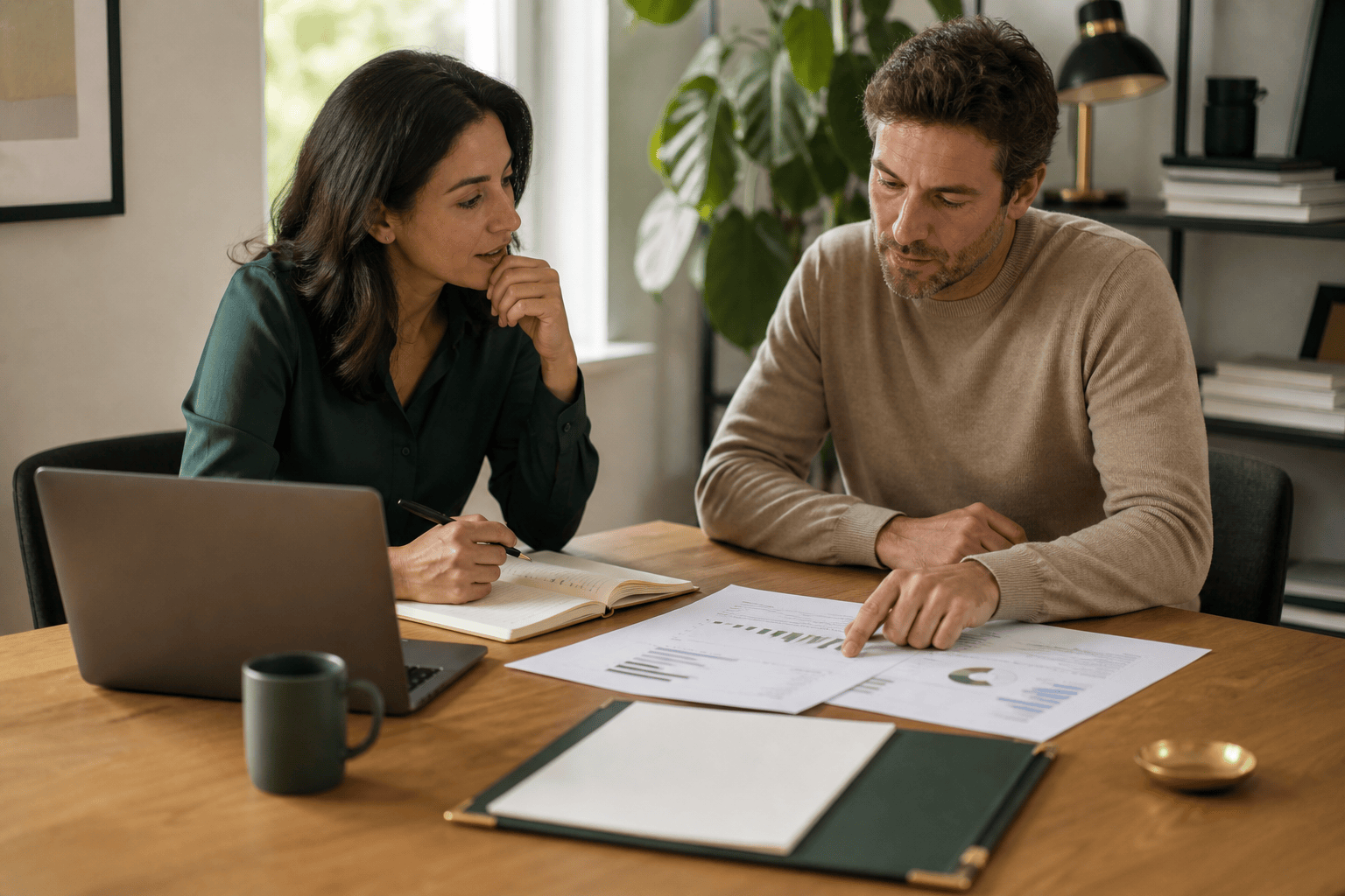 Founder and adviser reviewing a financing plan at a work table