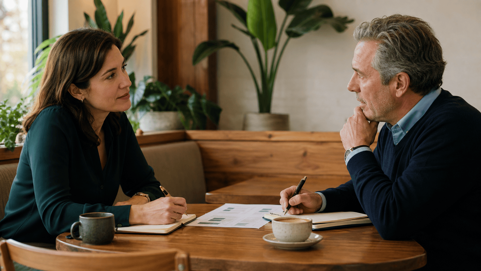 Founder and investor having a focused follow-up conversation at a quiet table