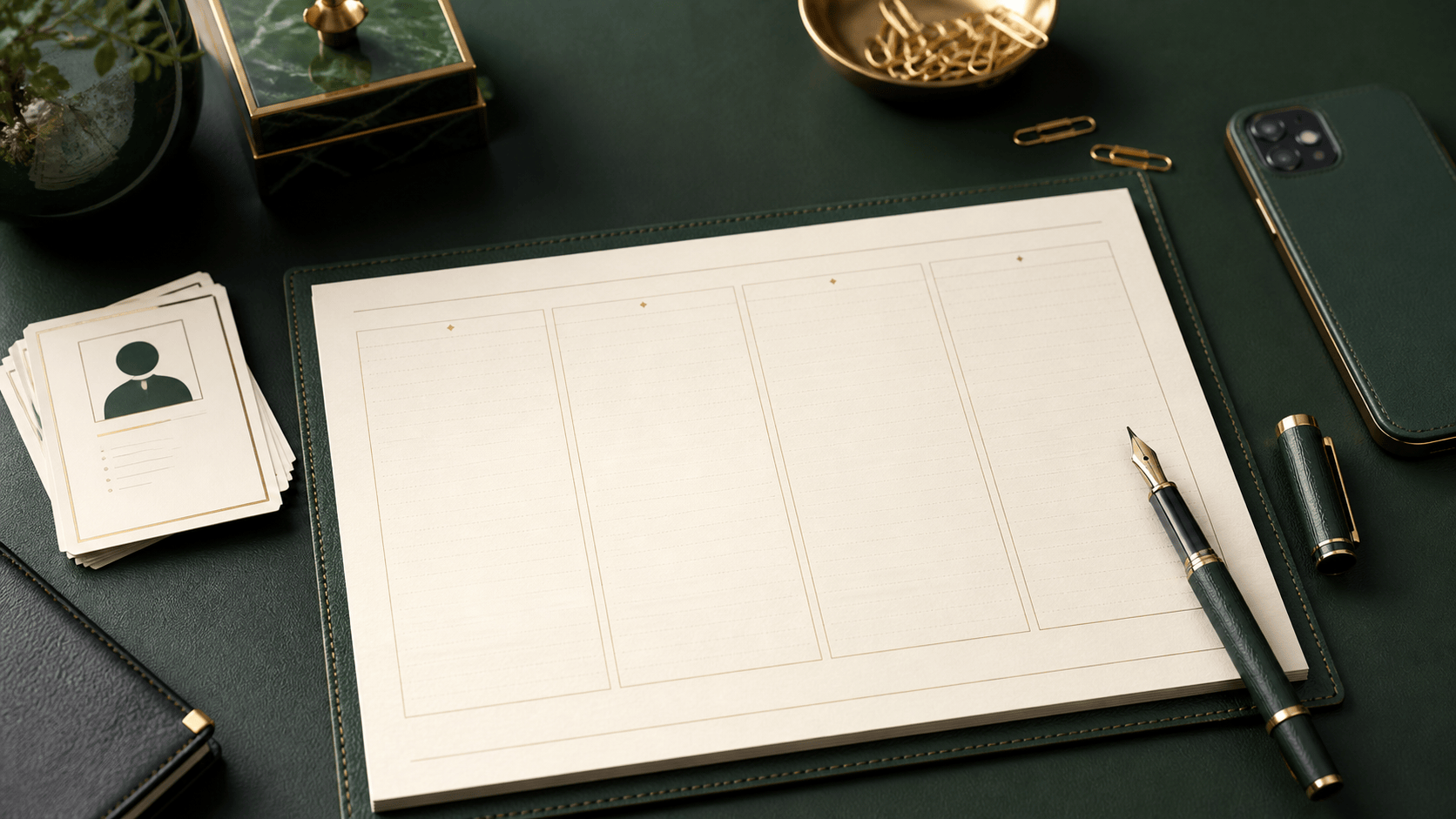 Four-week relationship-first capital raising planner on a GILD green desk