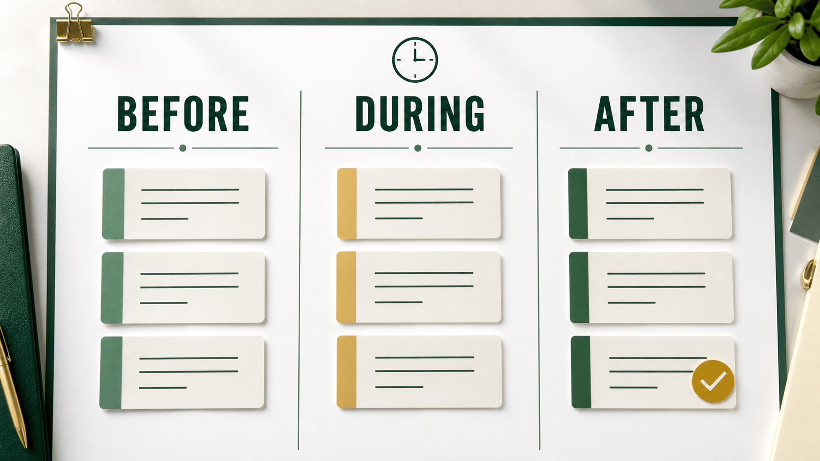 Investor meeting planning board organised into before, during and after