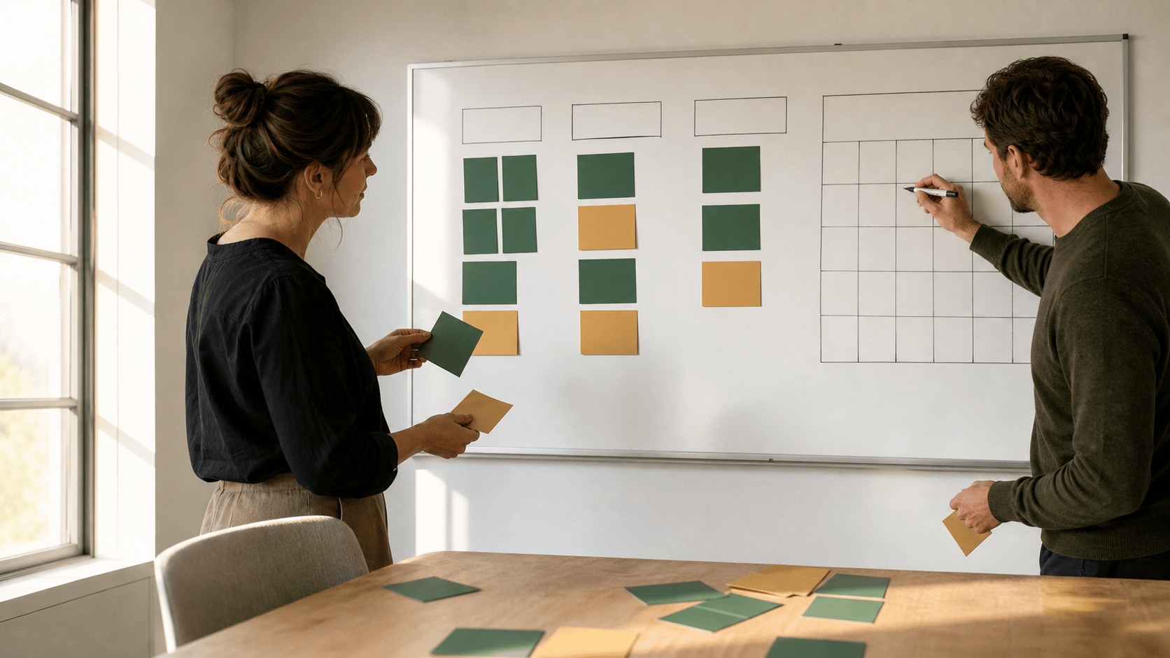 Two startup leaders debriefing an investor meeting with blank green and gold planning cards