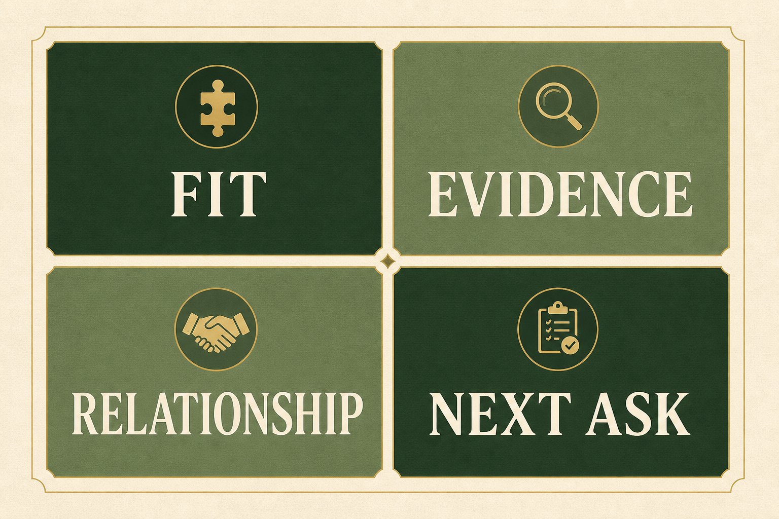 Investor fit framework showing fit, evidence, relationship, and next ask