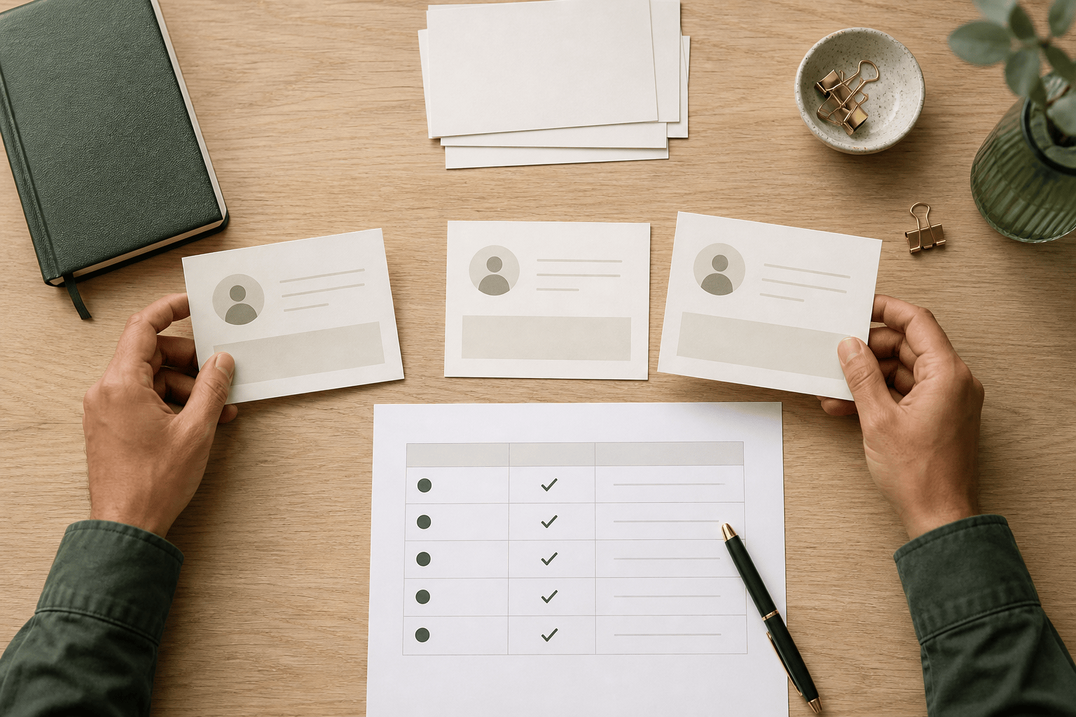Founder shortlisting investor profile cards with a comparison checklist