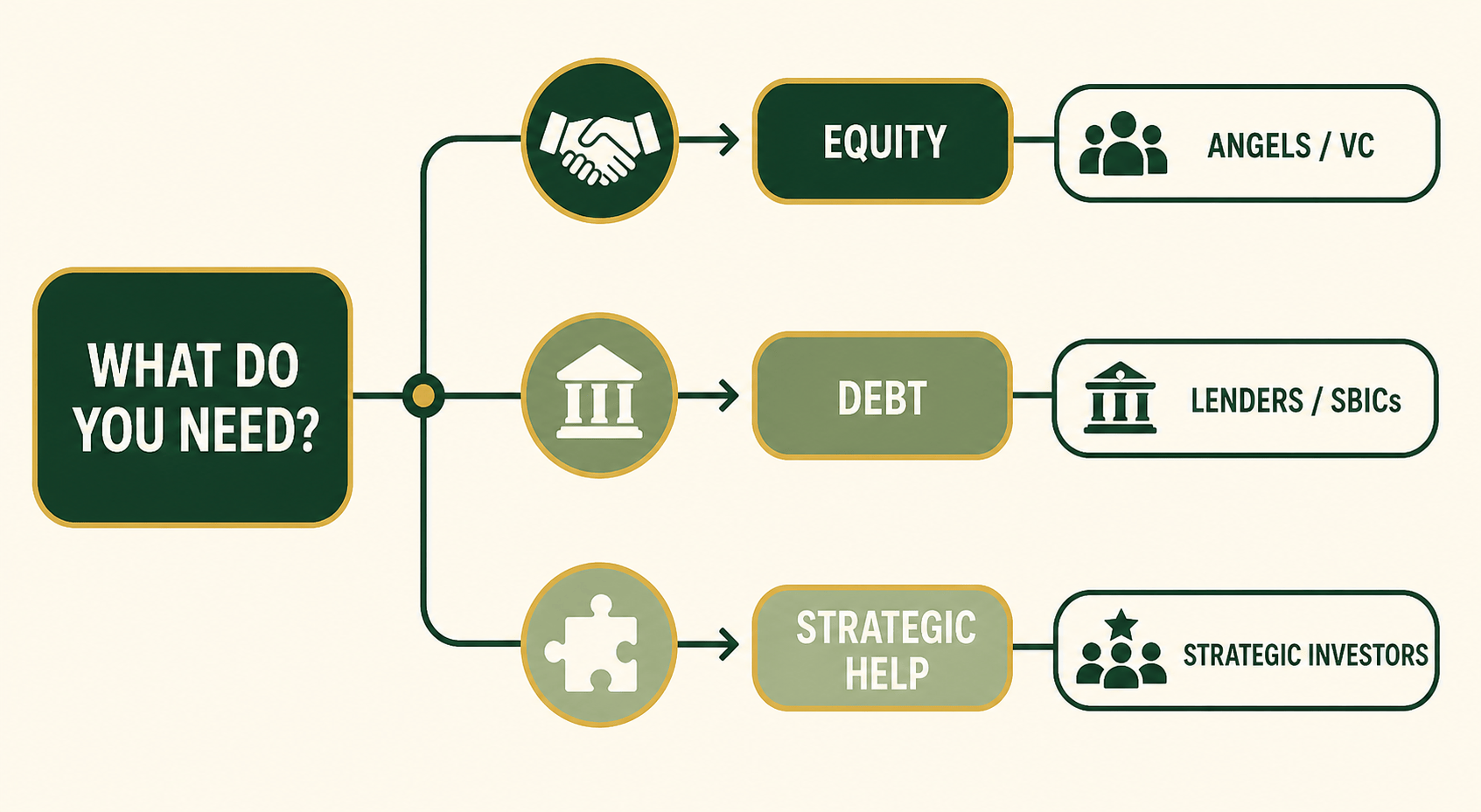 Decision tree linking equity, debt, and strategic help to investor routes
