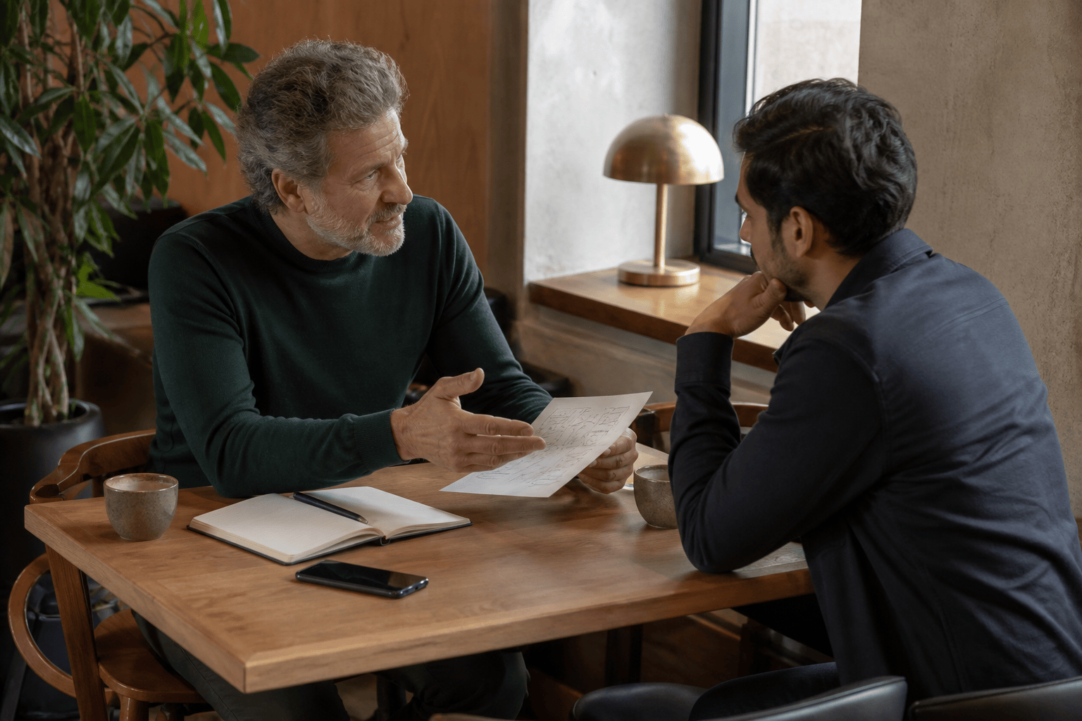 Founder and adviser discussing a prepared investor introduction